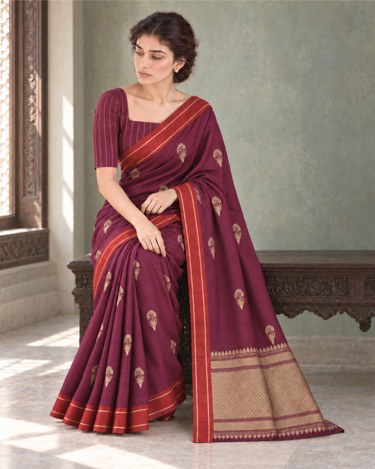 Rangan – Banarasi Pure Silk Saree in Wine with Bootidar