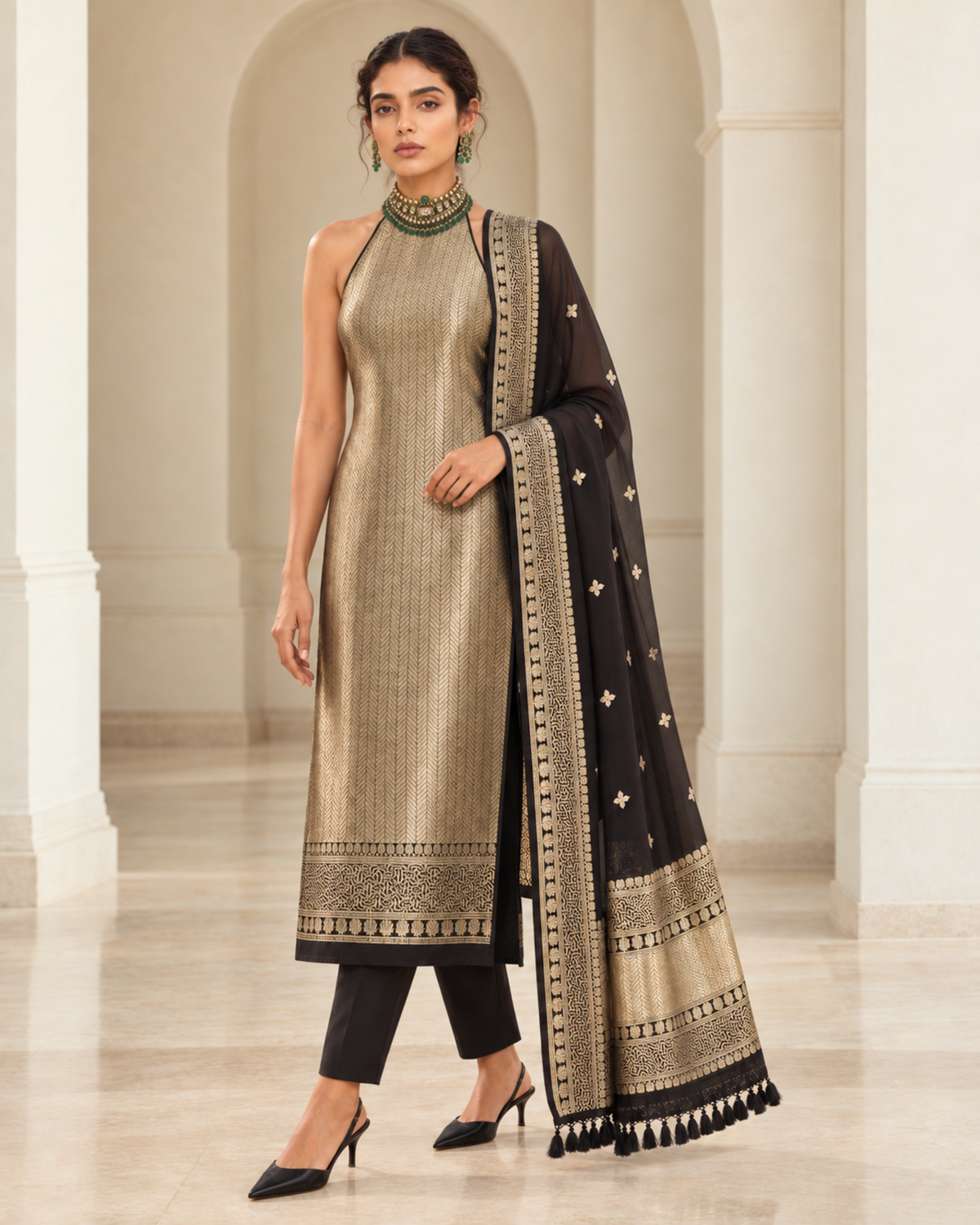 Sabaa – Banarasi Khaddi Silk Suit Set in Black with Sona-Rupa Zari