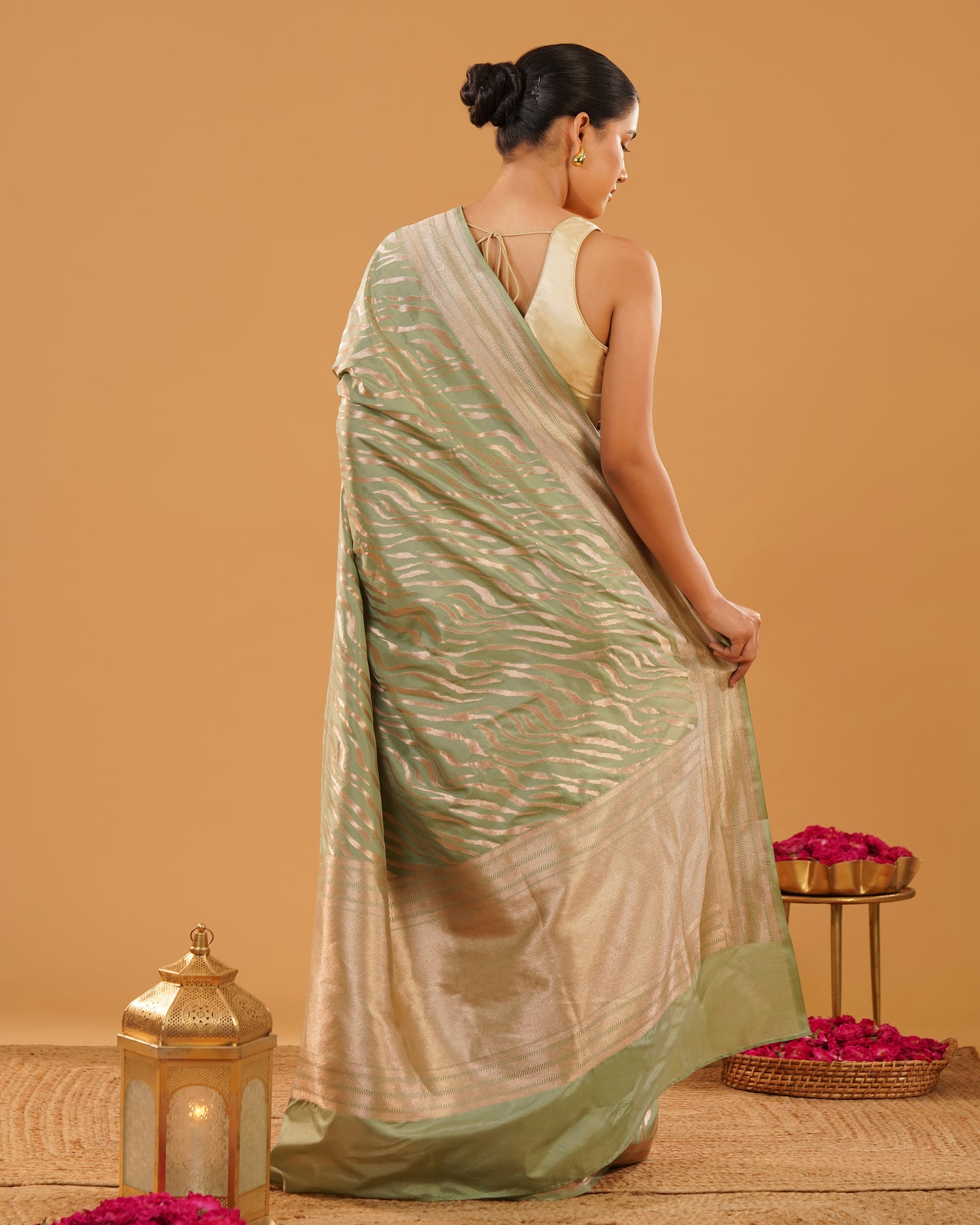 Sabzwari – Pure Katan Silk Banarasi Saree in Sage Green Leheriya Zari