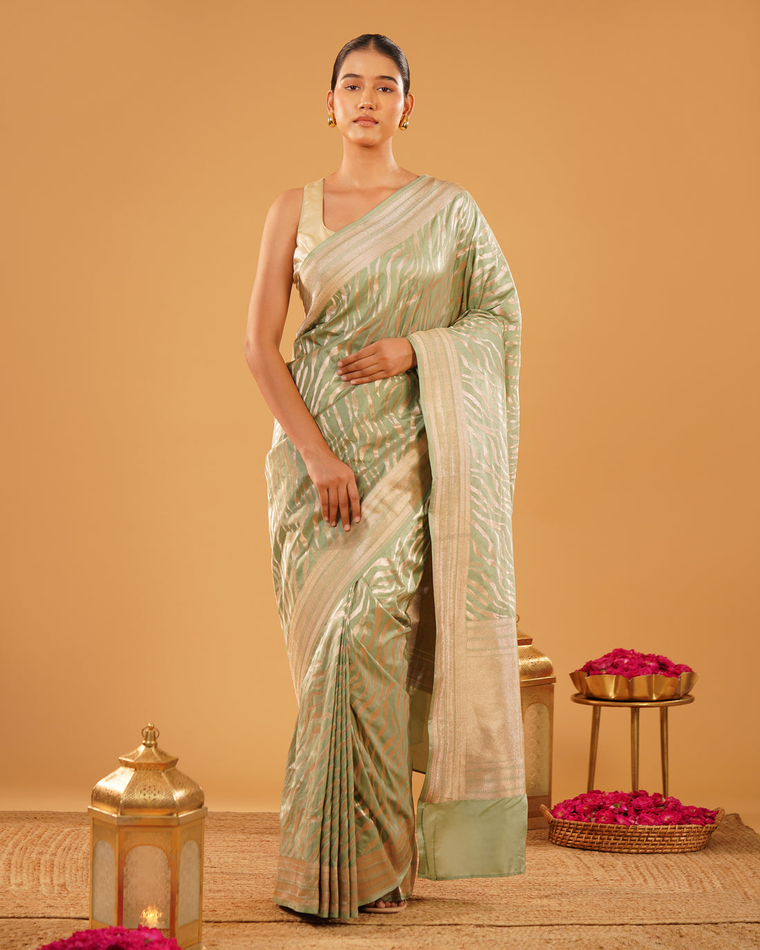 Sabzwari – Pure Katan Silk Banarasi Saree in Sage Green Leheriya Zari
