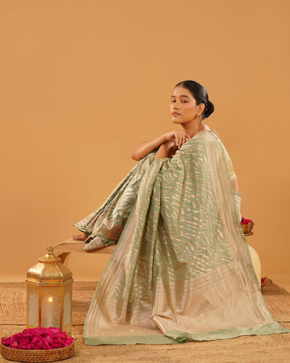 Sabzwari – Pure Katan Silk Banarasi Saree in Sage Green Leheriya Zari
