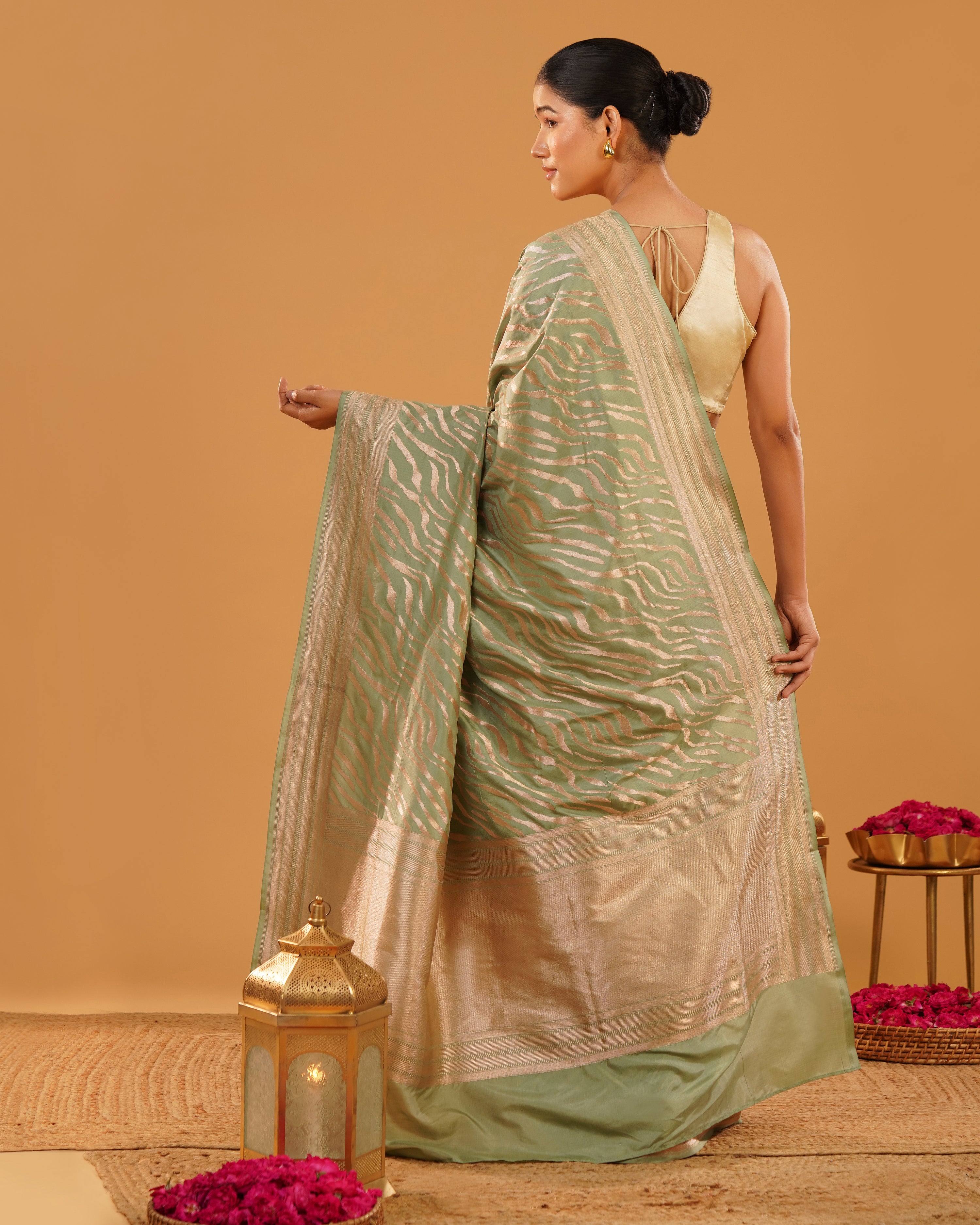 Sabzwari – Pure Katan Silk Banarasi Saree in Sage Green Leheriya Zari