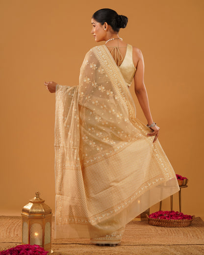 Sahar – Banarasi Pure Cotton Saree in Ivory Cream with Gold Zari Buti