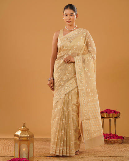 Sahar – Banarasi Pure Cotton Saree in Ivory Cream with Gold Zari Buti