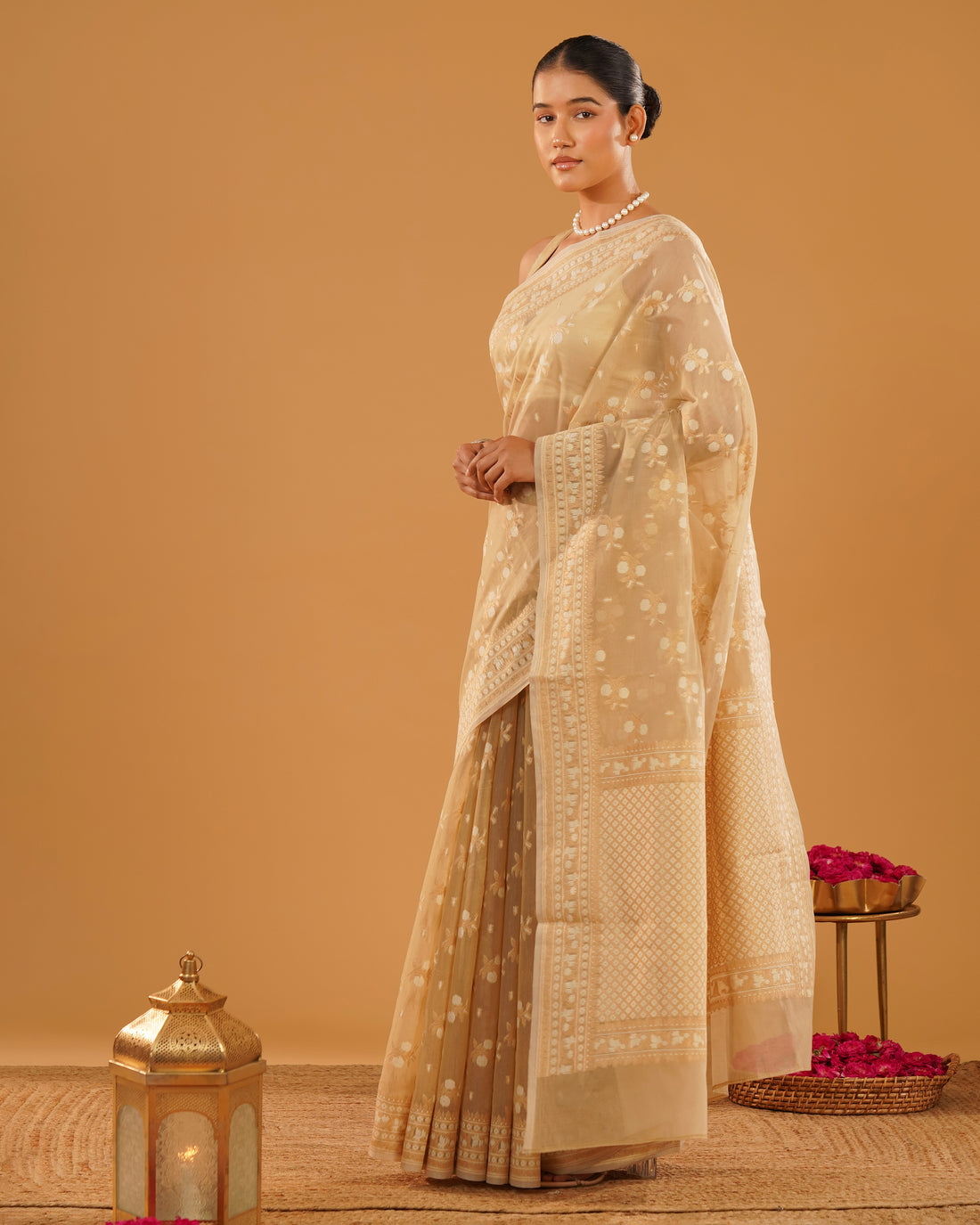 Sahar – Banarasi Pure Cotton Saree in Ivory Cream with Gold Zari Buti
