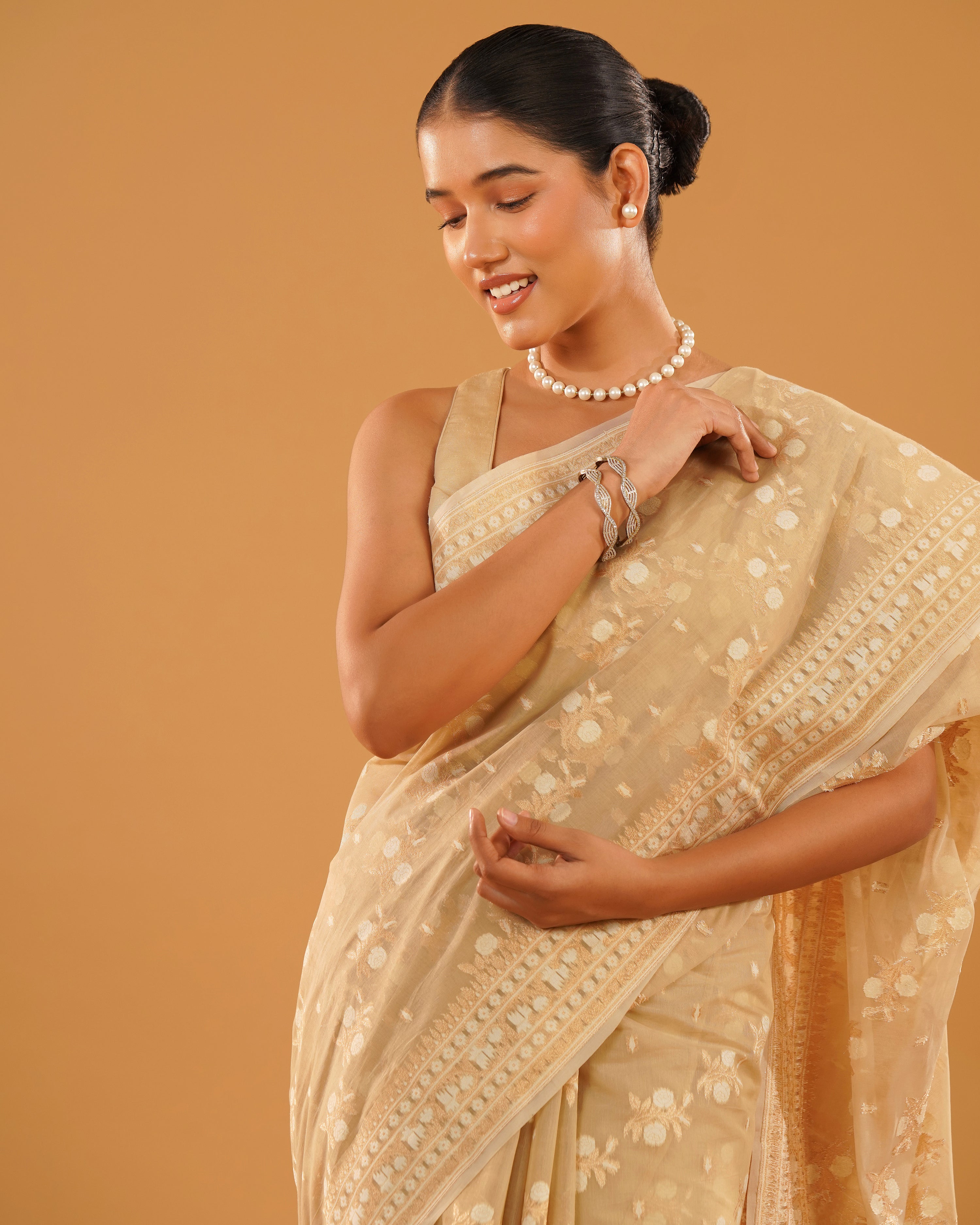 Sahar – Banarasi Pure Cotton Saree in Ivory Cream with Gold Zari Buti