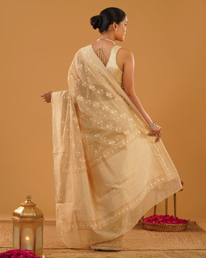 Sahar – Banarasi Pure Cotton Saree in Ivory Cream with Gold Zari Buti