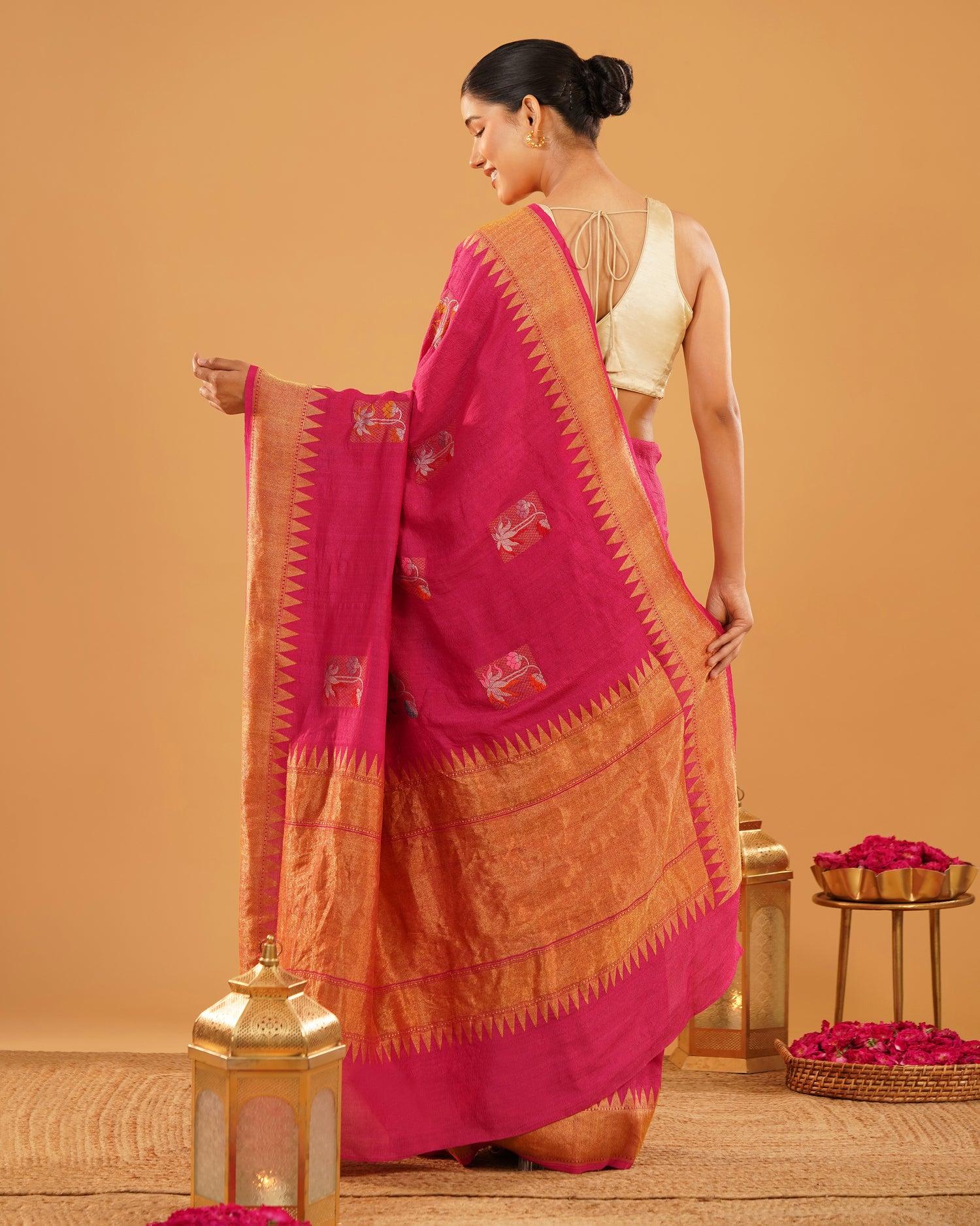 Rangrez – Pure Tussar Silk Saree in Rani Pink with Temple Border
