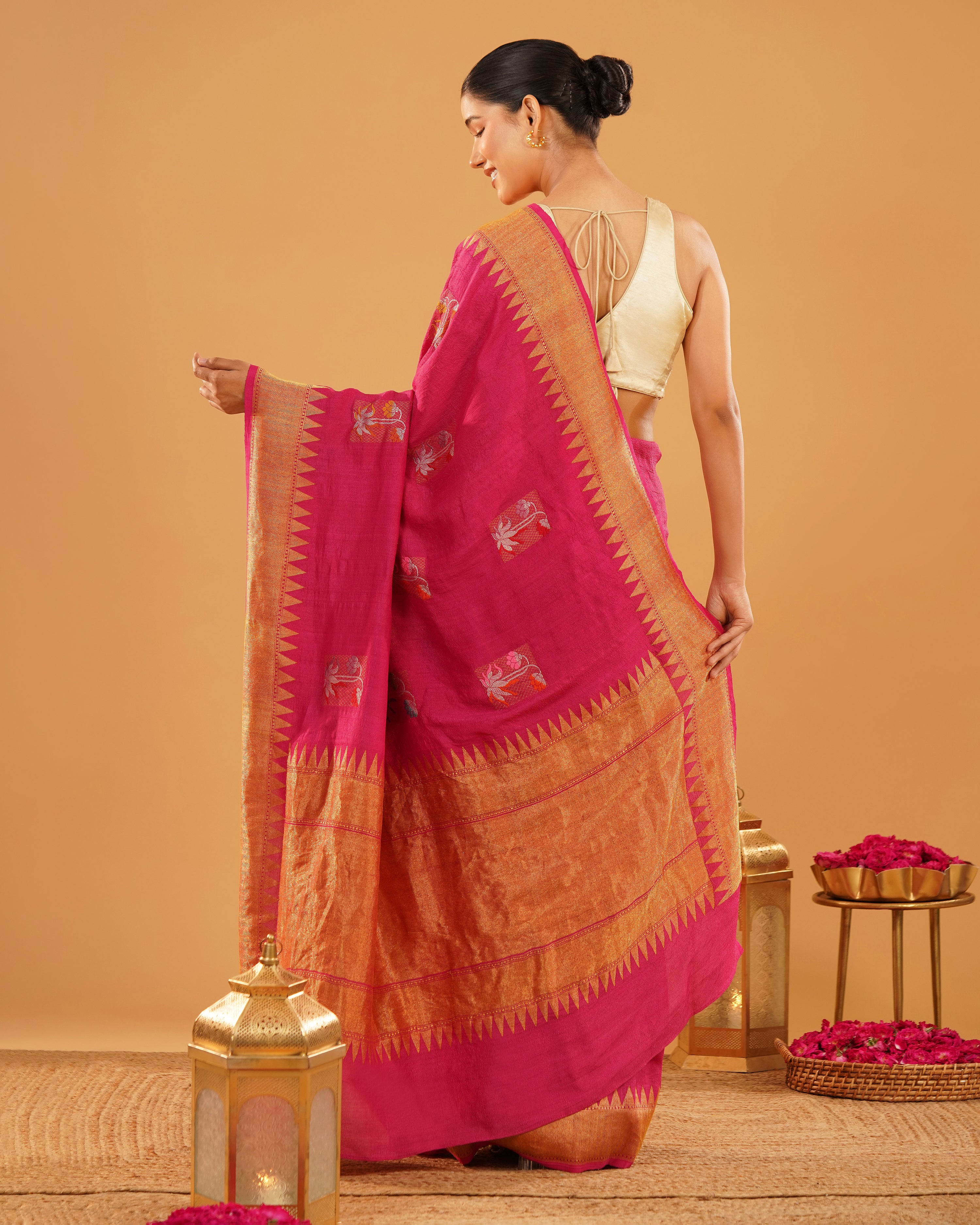 Rangrez – Pure Tussar Silk Saree in Rani Pink with Temple Border