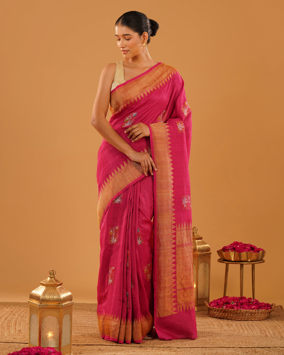 Rangrez – Pure Tussar Silk Saree in Rani Pink with Temple Border