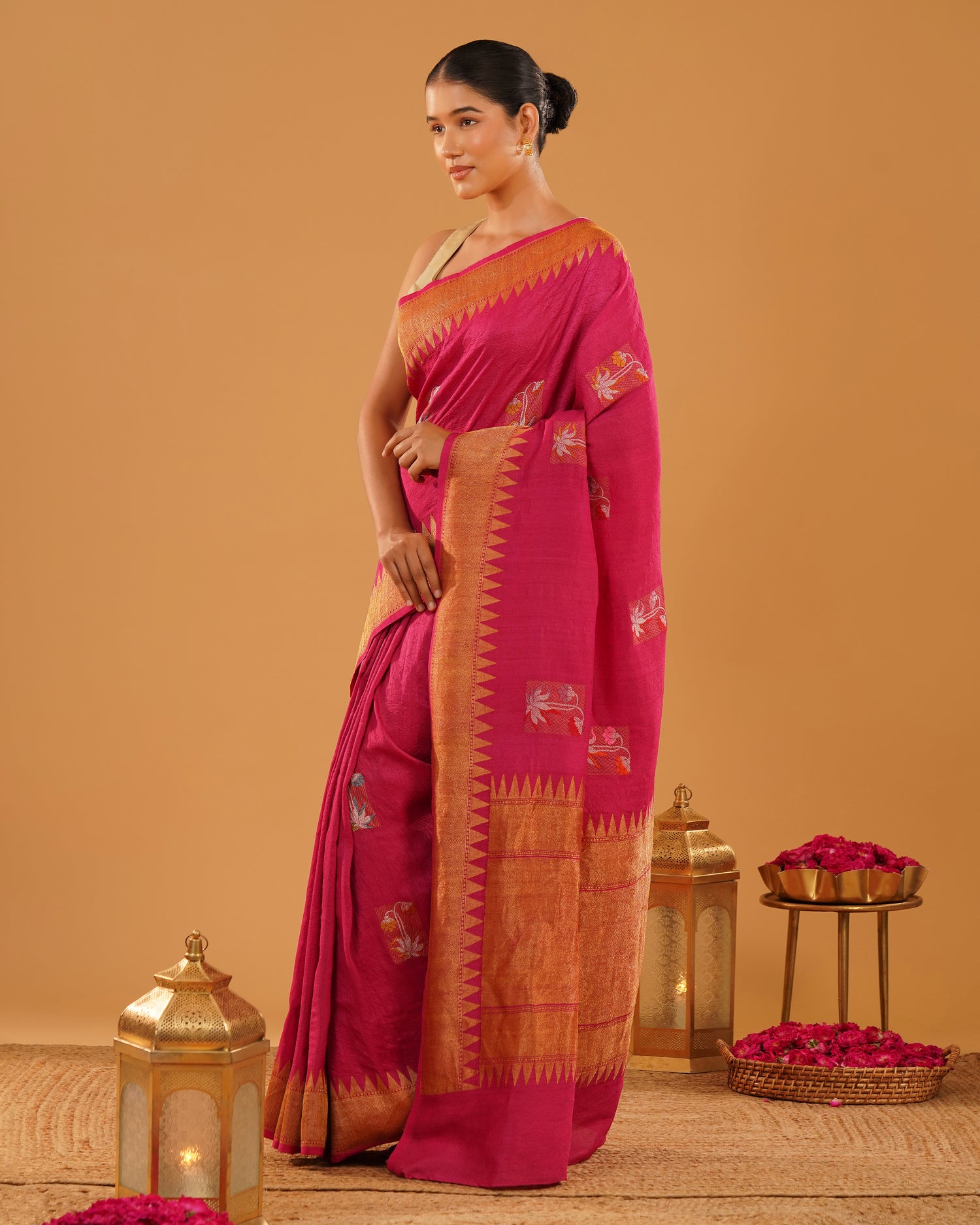 Rangrez – Pure Tussar Silk Saree in Rani Pink with Temple Border