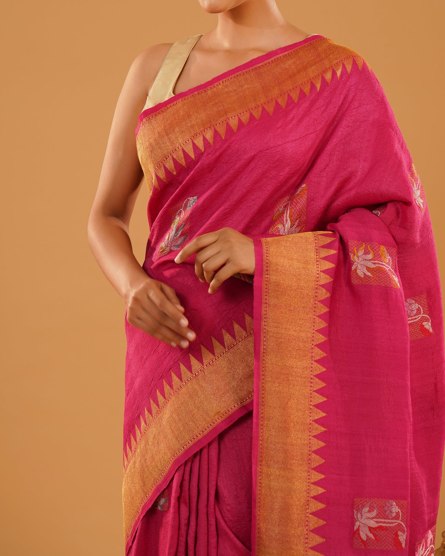 Rangrez – Pure Tussar Silk Saree in Rani Pink with Temple Border
