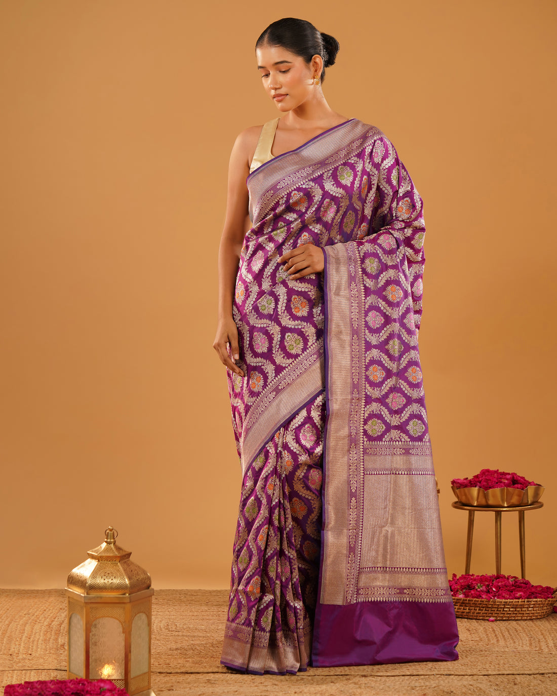 Shahbano – Pure Katan Silk Banarasi Saree in Royal Purple with Gold Meenakari Jaal