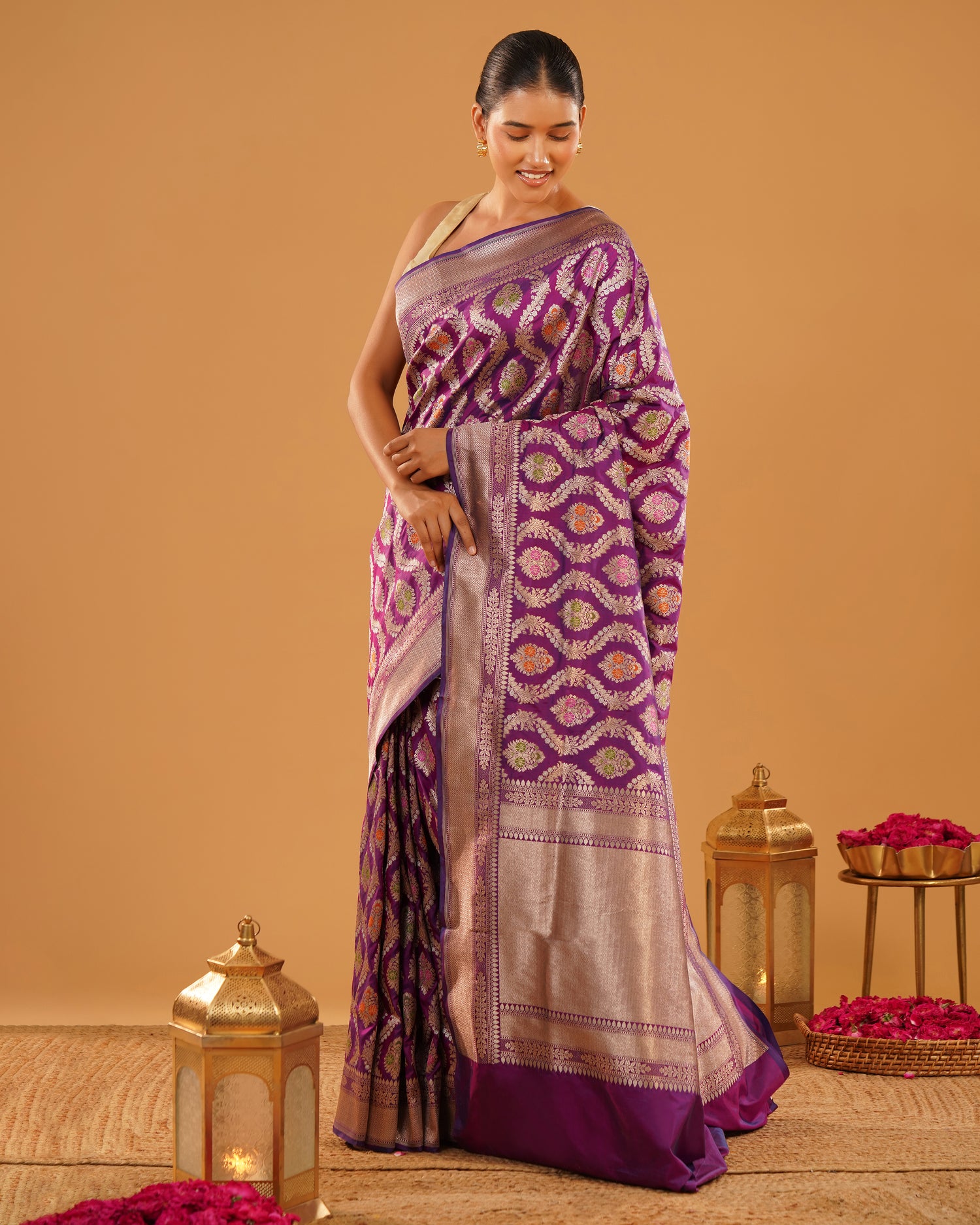 Shahbano – Pure Katan Silk Banarasi Saree in Royal Purple with Gold Meenakari Jaal