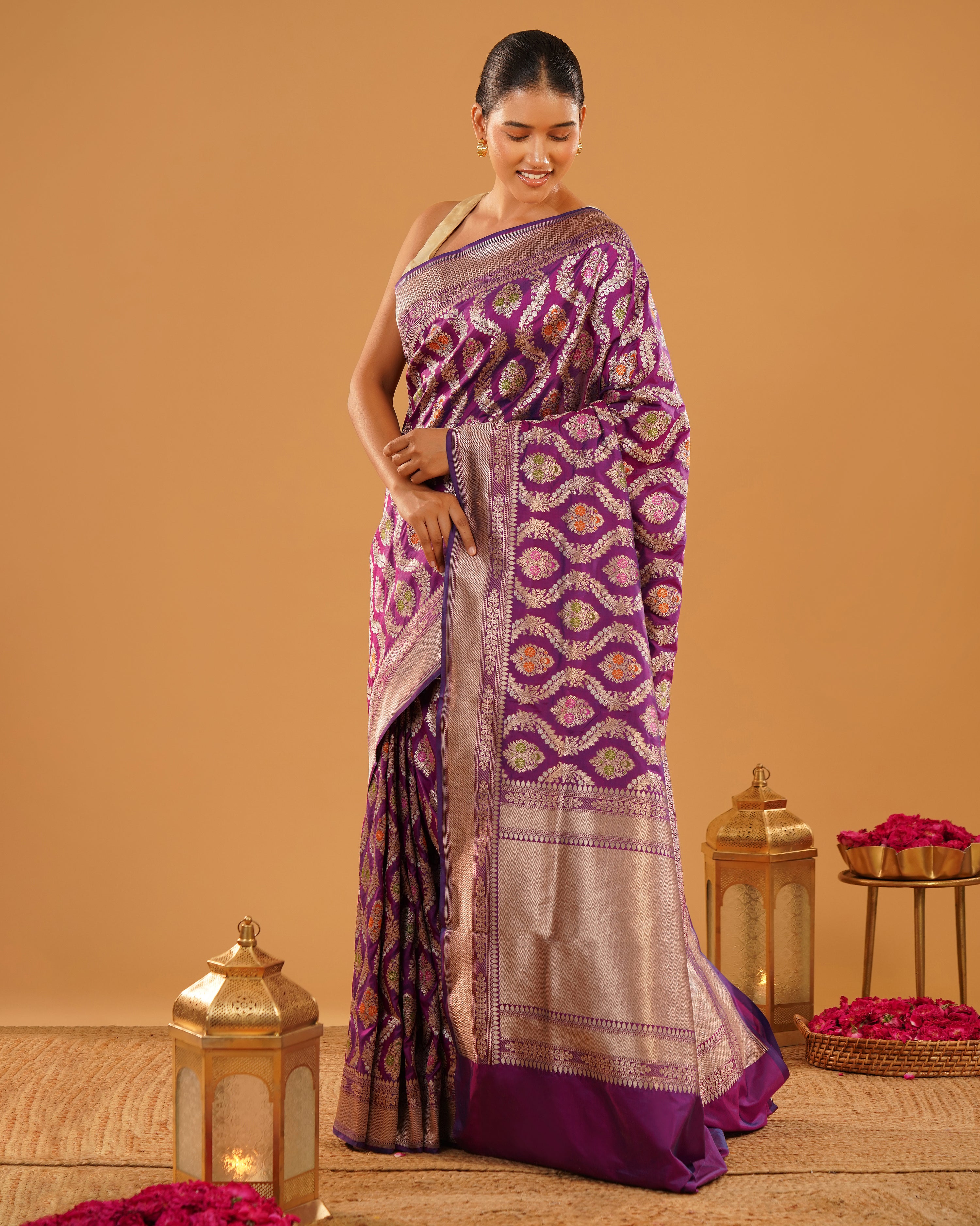 Shahbano – Pure Katan Silk Banarasi Saree in Royal Purple with Gold Meenakari Jaal