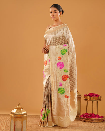 Noorjahan – Banarasi Tissue Silk Saree in Ivory Gold with Meenakari Florals