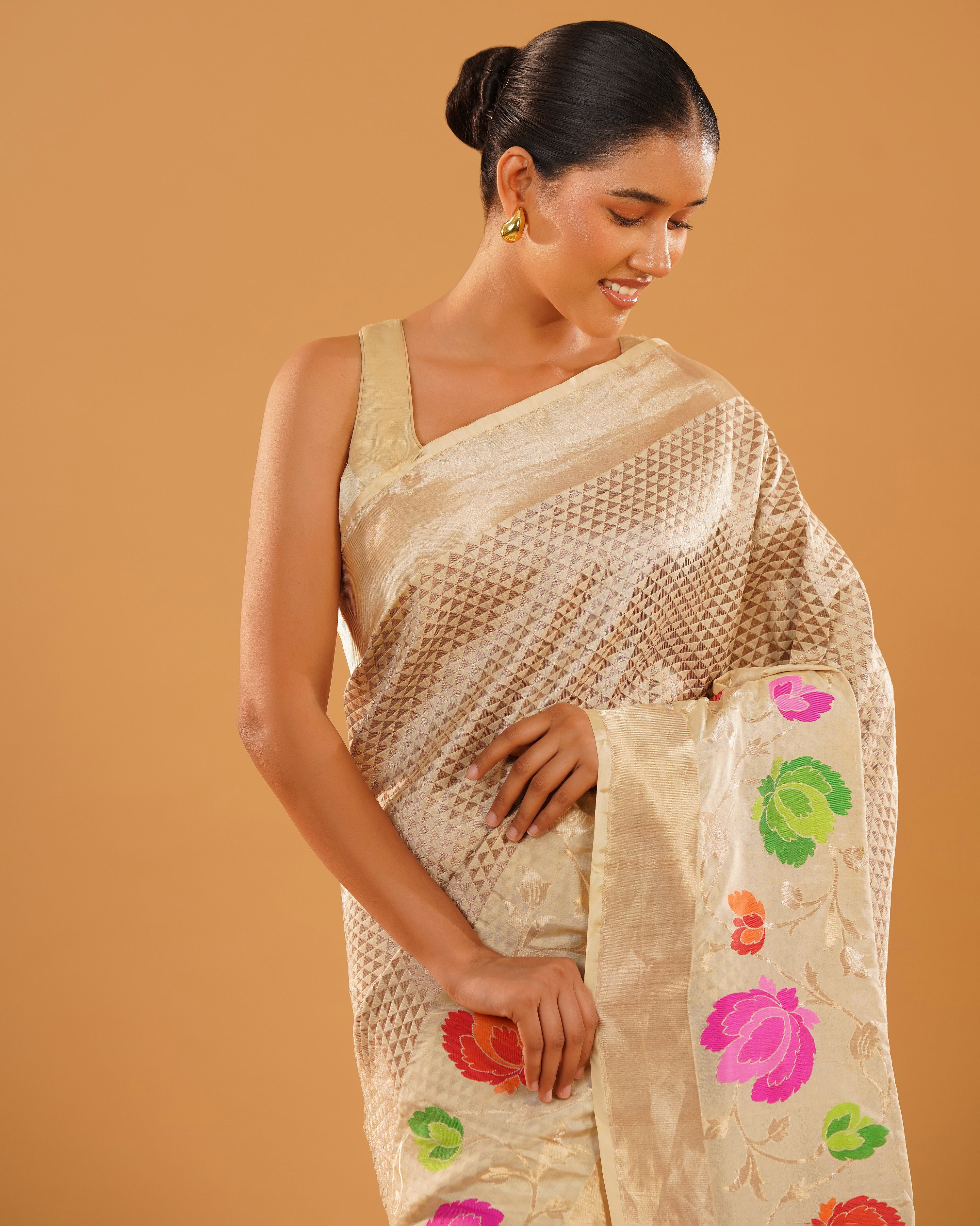 Noorjahan – Banarasi Tissue Silk Saree in Ivory Gold with Meenakari Florals