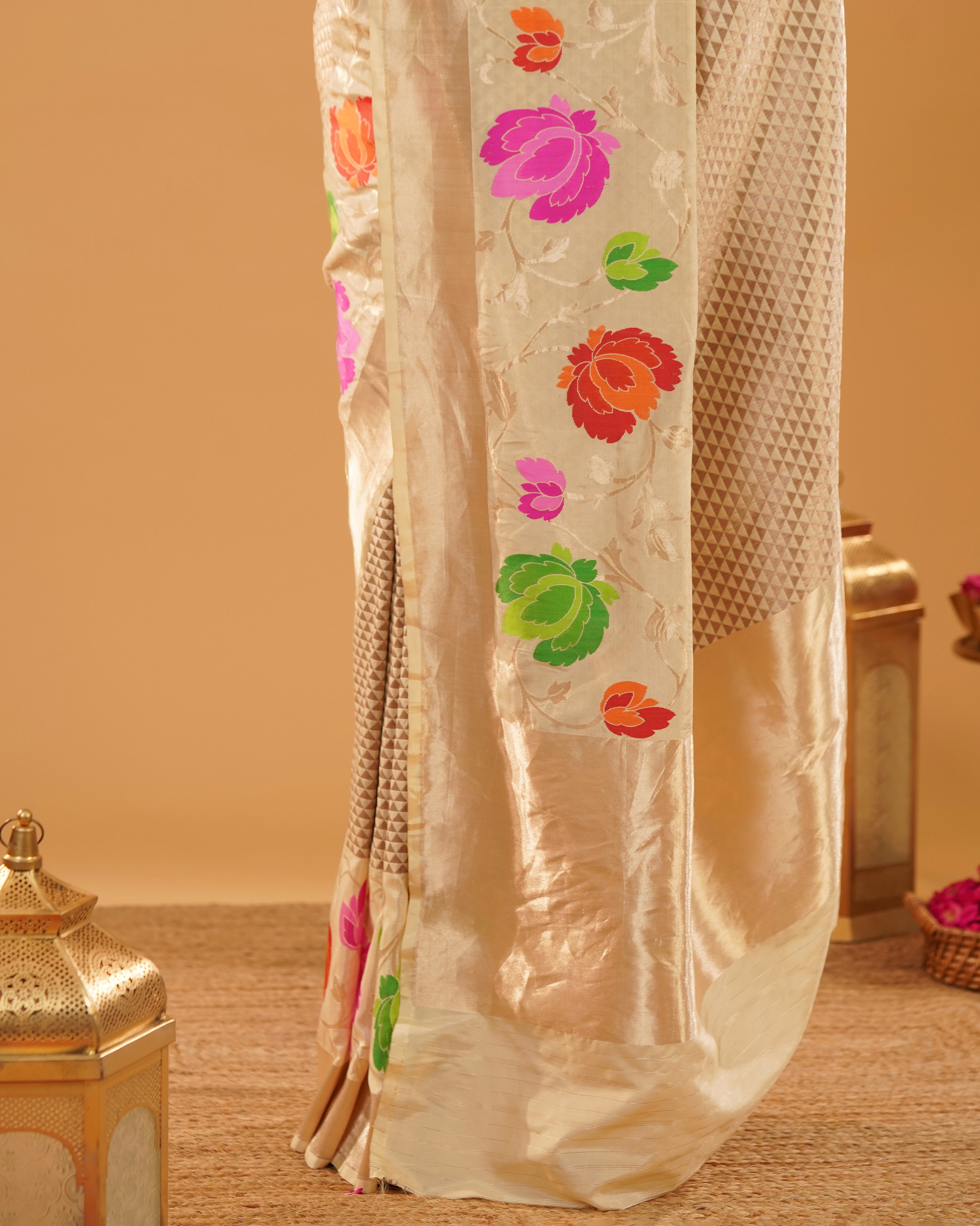 Noorjahan – Banarasi Tissue Silk Saree in Ivory Gold with Meenakari Florals