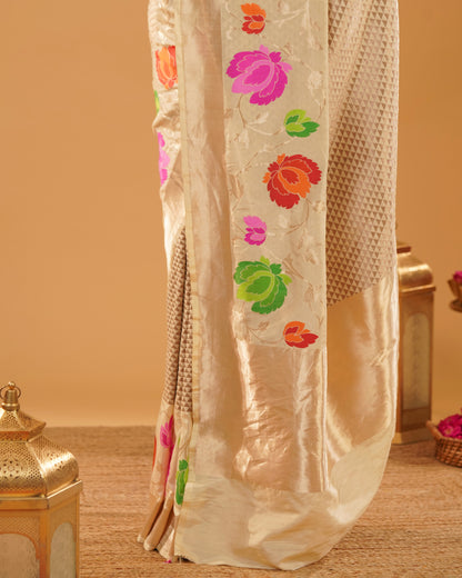 Noorjahan – Banarasi Tissue Silk Saree in Ivory Gold with Meenakari Florals
