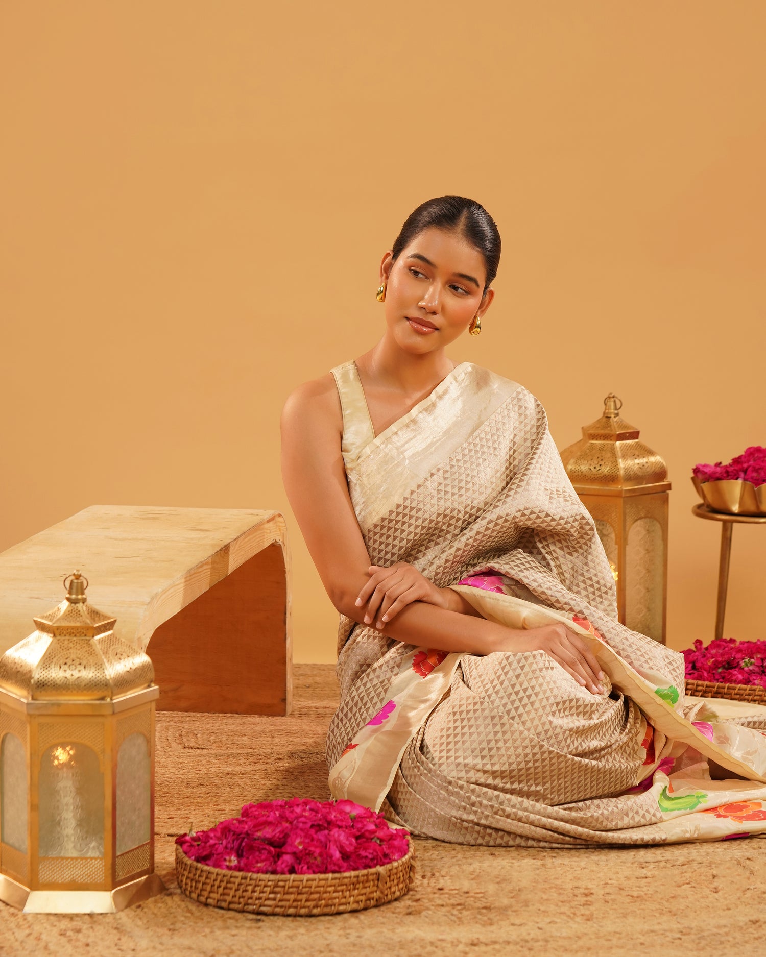 Noorjahan – Banarasi Tissue Silk Saree in Ivory Gold with Meenakari Florals