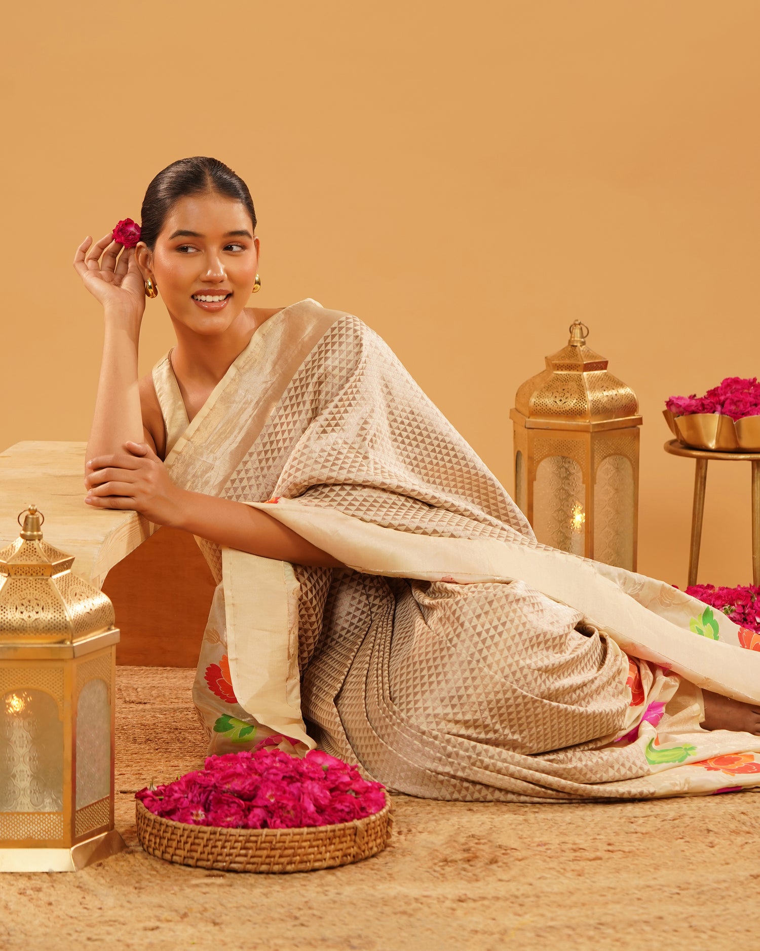 Noorjahan – Banarasi Tissue Silk Saree in Ivory Gold with Meenakari Florals
