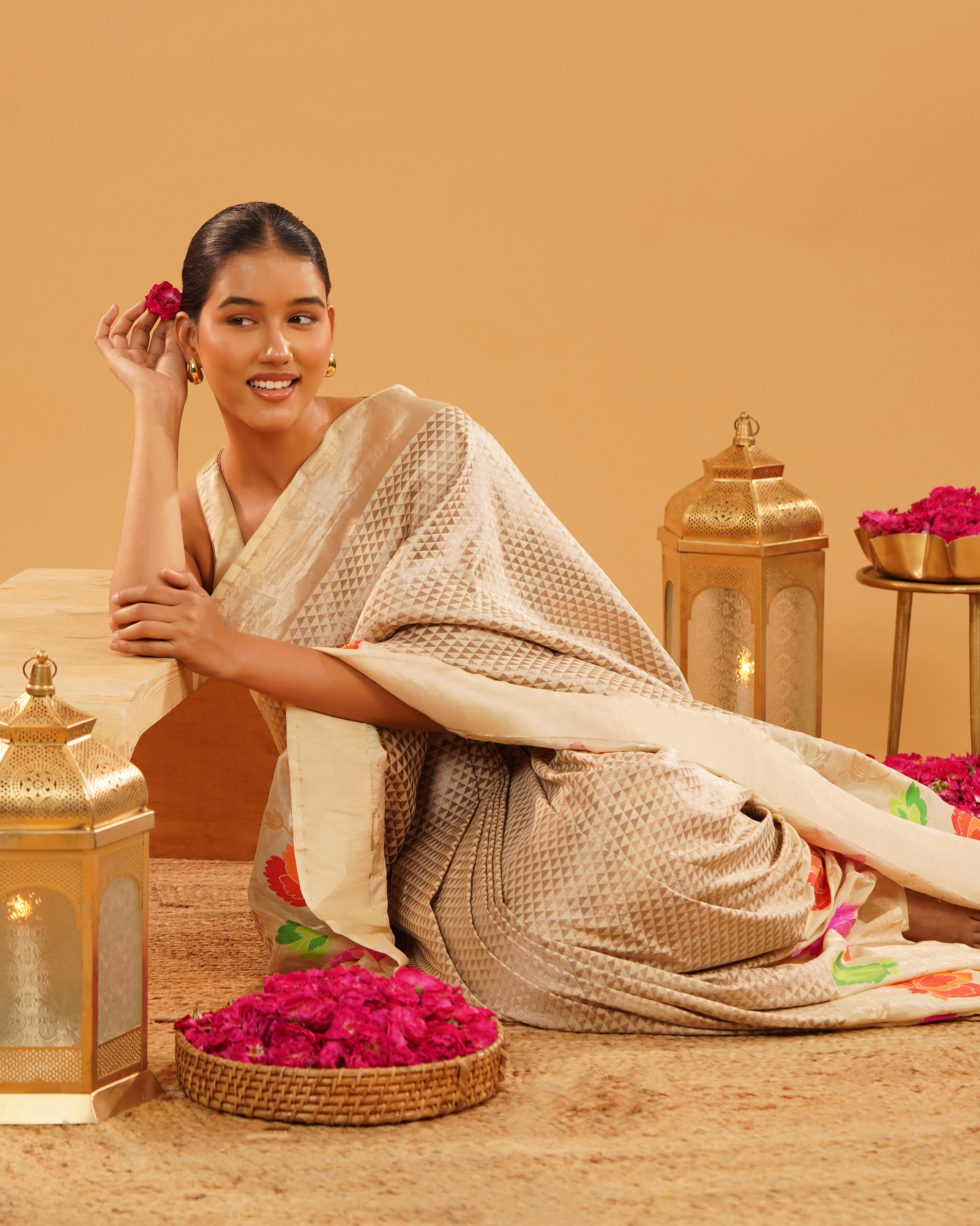 Noorjahan – Banarasi Tissue Silk Saree in Ivory Gold with Meenakari Florals