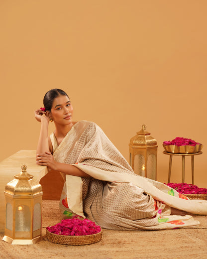 Noorjahan – Banarasi Tissue Silk Saree in Ivory Gold with Meenakari Florals