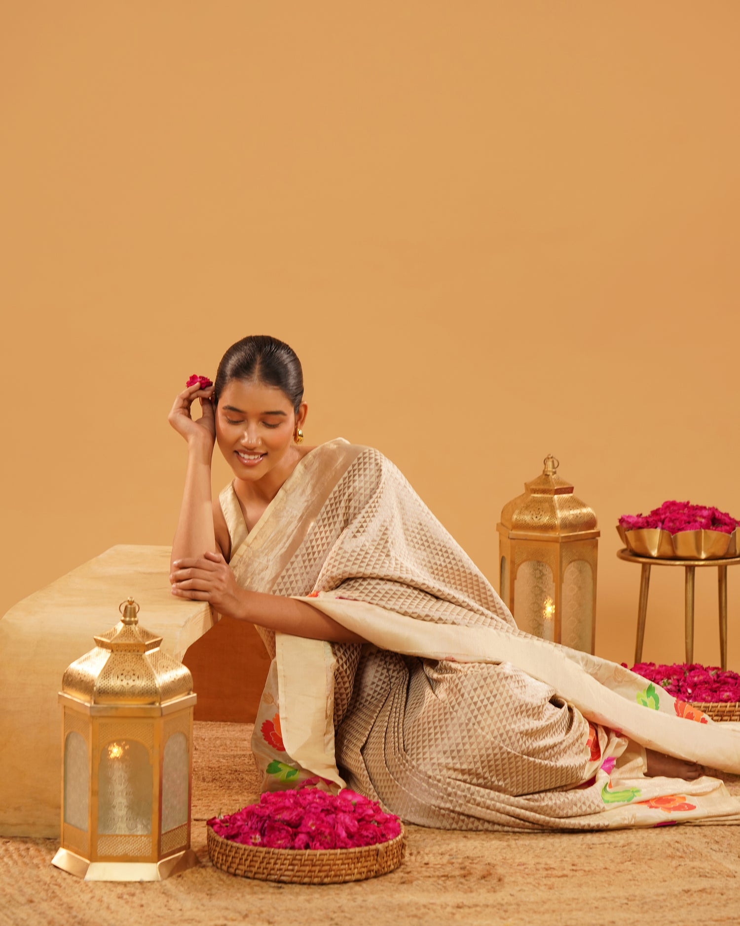 Noorjahan – Banarasi Tissue Silk Saree in Ivory Gold with Meenakari Florals