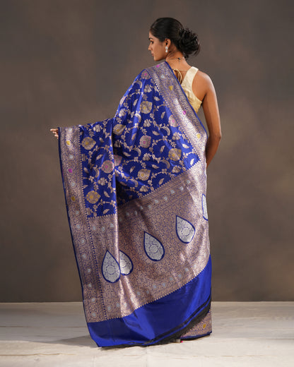 Nilgoon – Pure Katan Silk Banarasi Saree in Royal Blue with Gold Meenakari Jaal