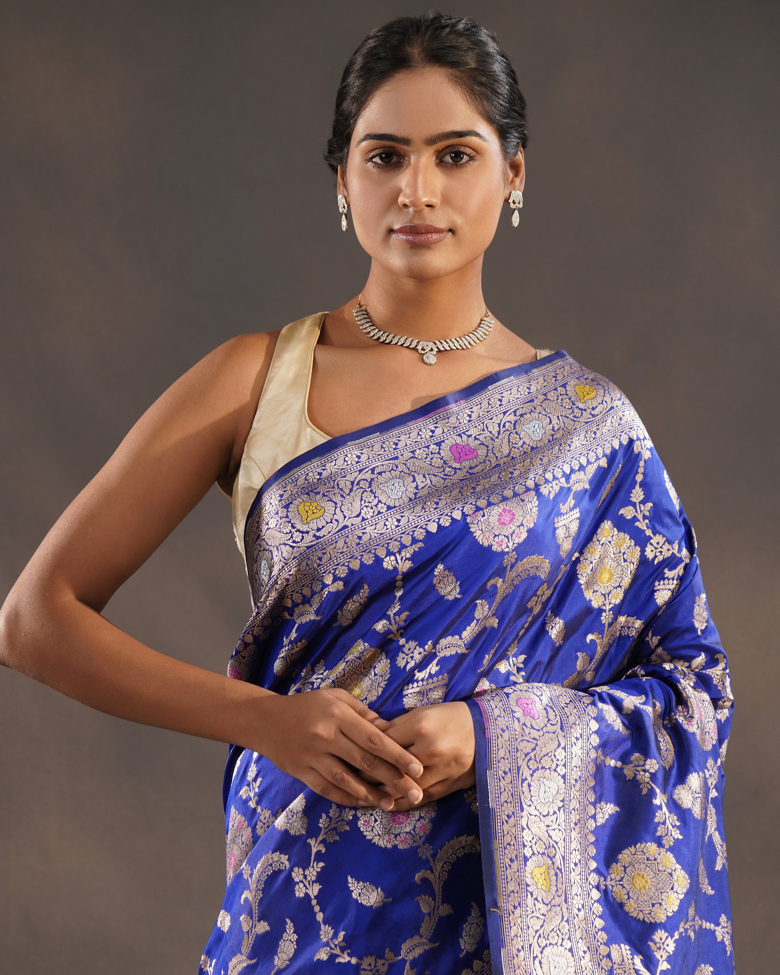 Nilgoon – Pure Katan Silk Banarasi Saree in Royal Blue with Gold Meenakari Jaal