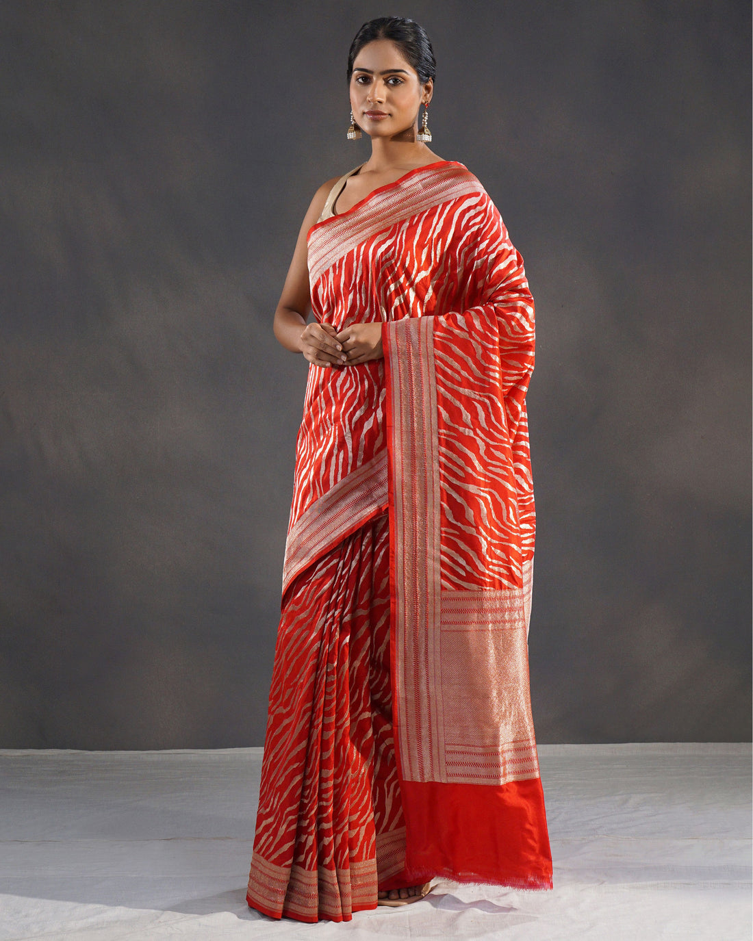 Aatishi – Banarasi Silk Saree in Red with Zigzag Zari Weave