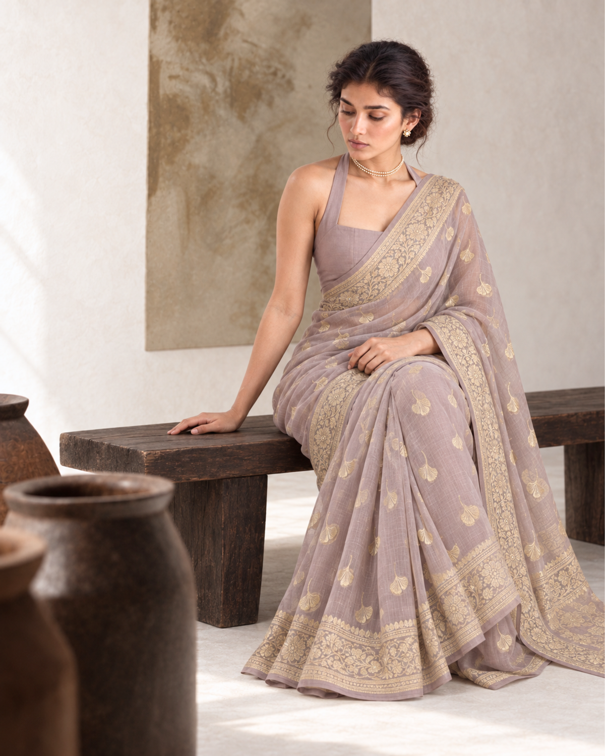 Nimzari – Banarasi Chiffon Saree in Mauve with Cutwork Buta