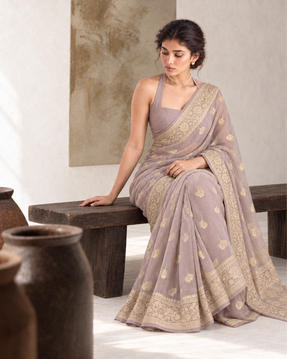 Nimzari – Banarasi Chiffon Saree in Mauve with Cutwork Buta