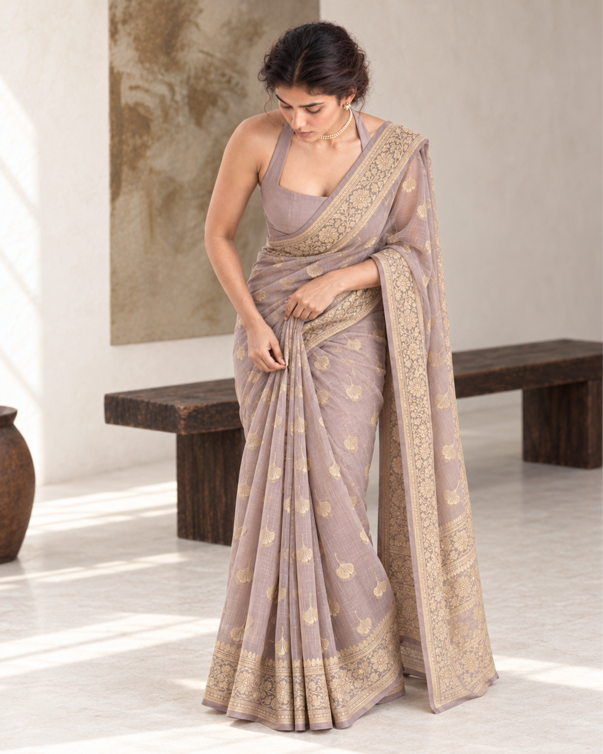 Nimzari – Banarasi Chiffon Saree in Mauve with Cutwork Buta