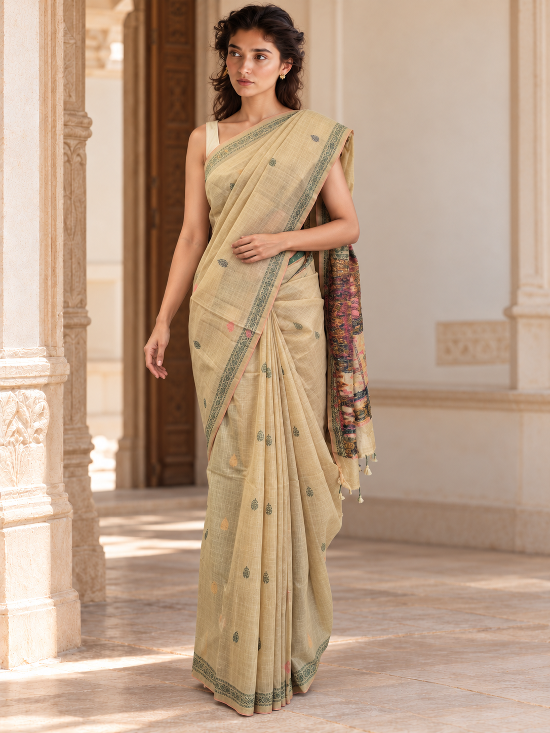 Front view of cream cotton saree with scattered motifs and narrow green border