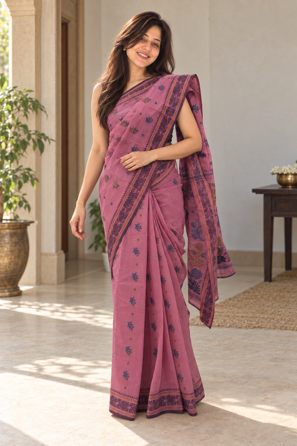 Front view of dusty rose cotton saree with purple floral border