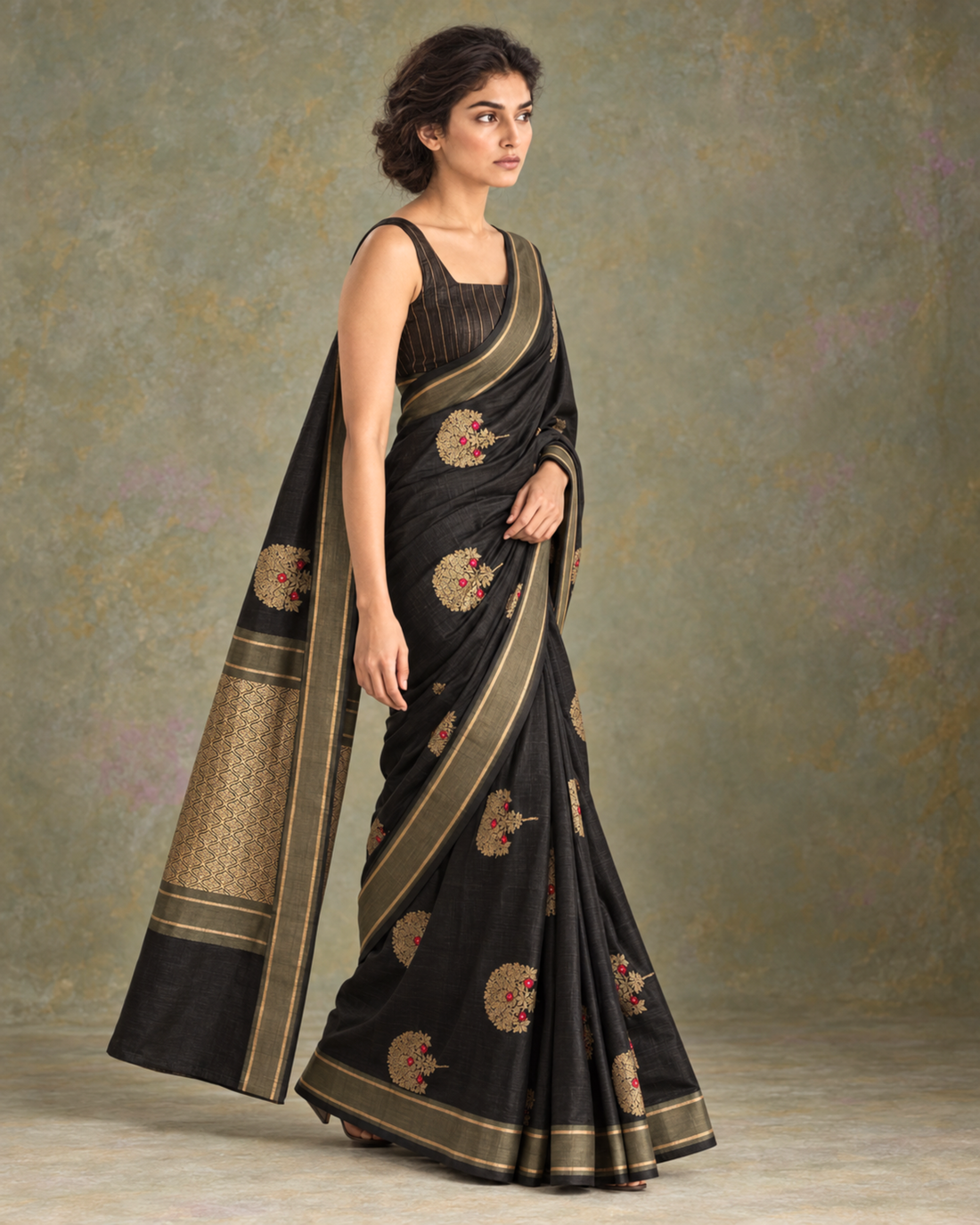 Gul-e-Shab black silk saree side view and gold woven pallu