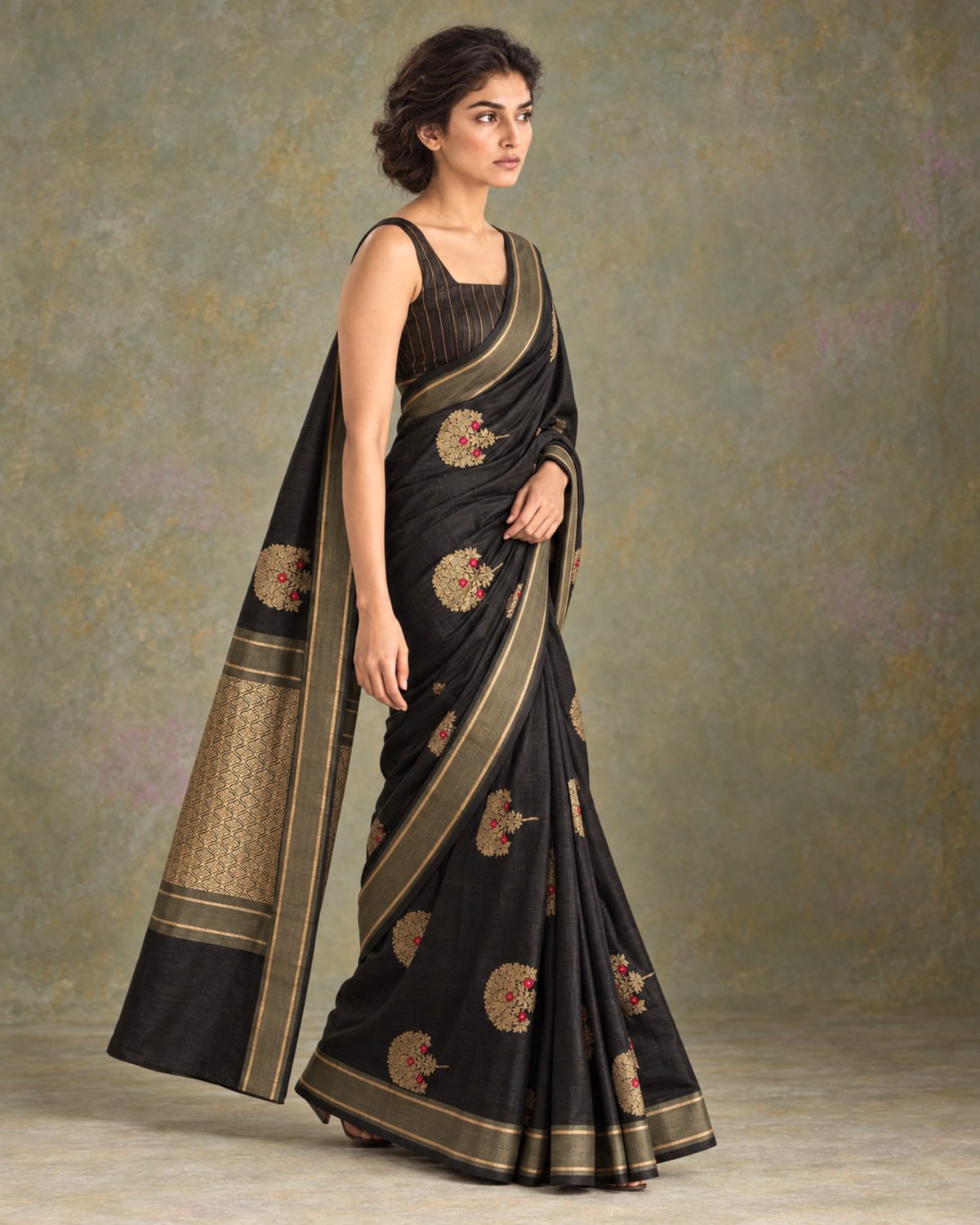 Gul-e-Shab black silk saree side view and gold woven pallu