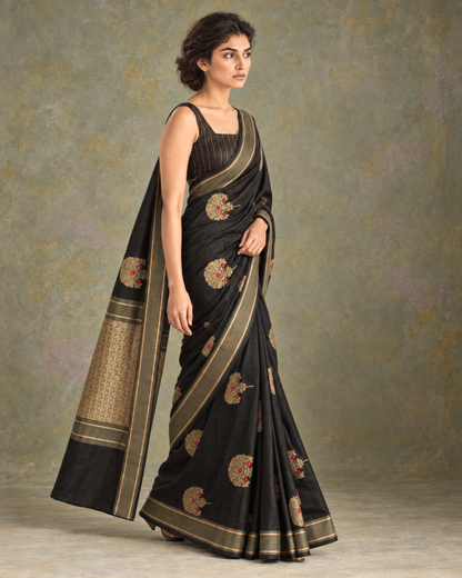 Gul-e-Shab black silk saree side view and gold woven pallu