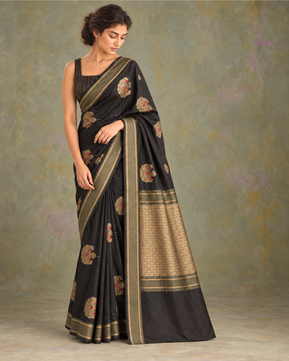 Gul-e-Shab black saree full drape and gold pallu