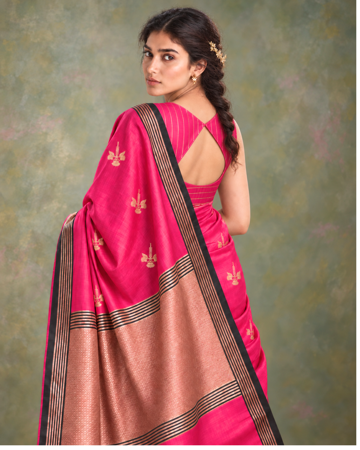 Gulrang saree back view and gold pallu