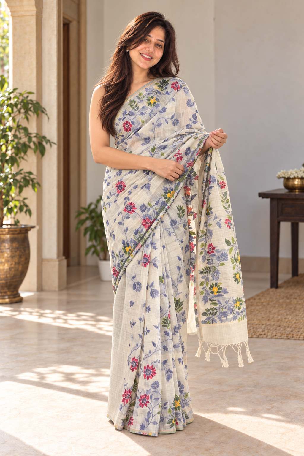 Alternate front view of ivory cotton saree with floral border