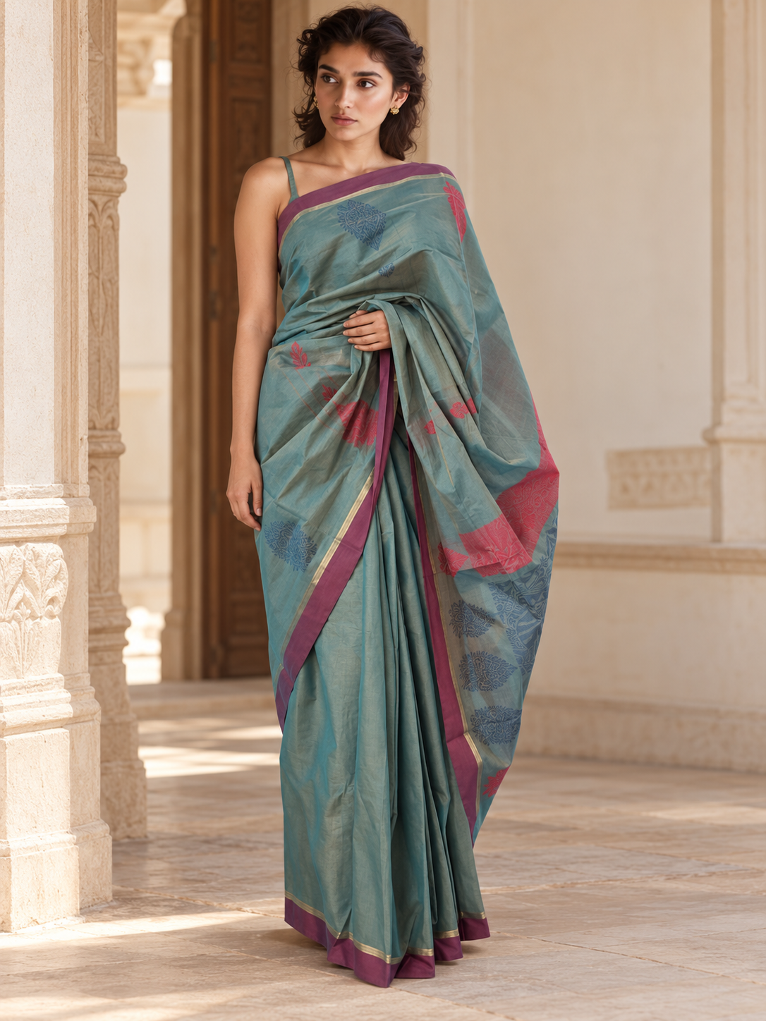 Front view of muted teal cotton saree with plum border and coral and blue motifs