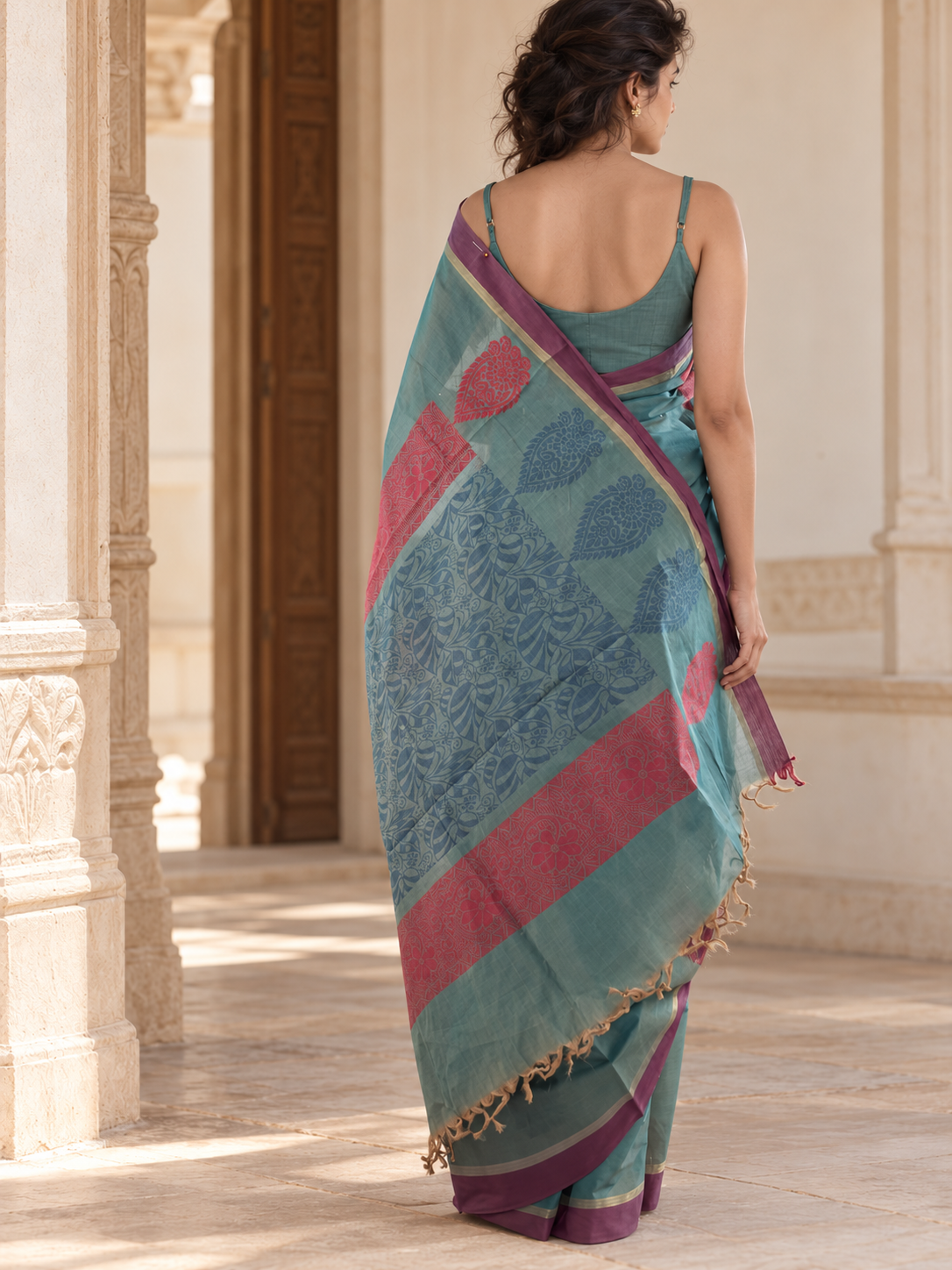 Rear view showing blue botanical pallu panel and coral bands of muted teal cotton saree
