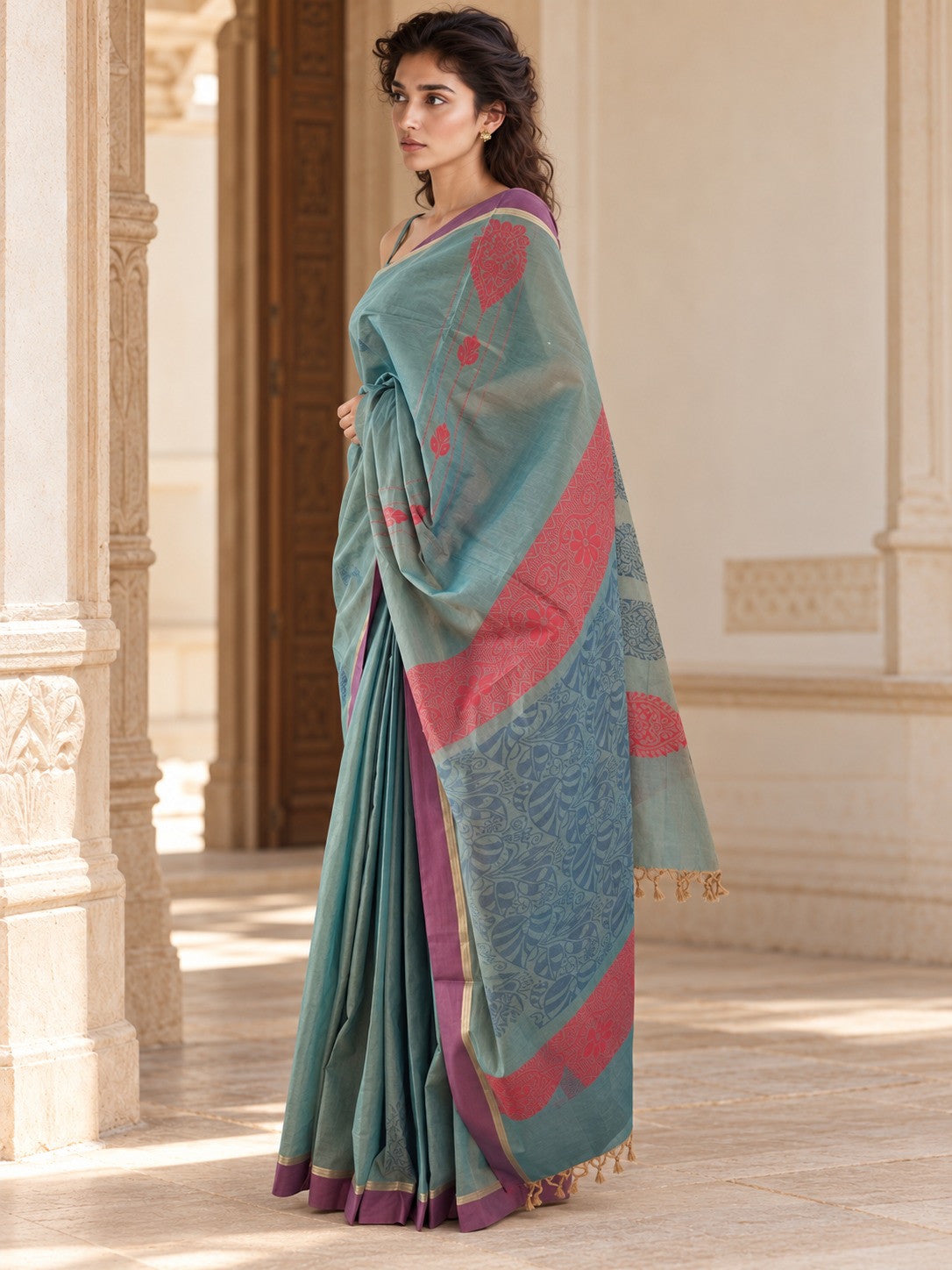 Side view of muted teal cotton saree showing patterned pallu and tassels