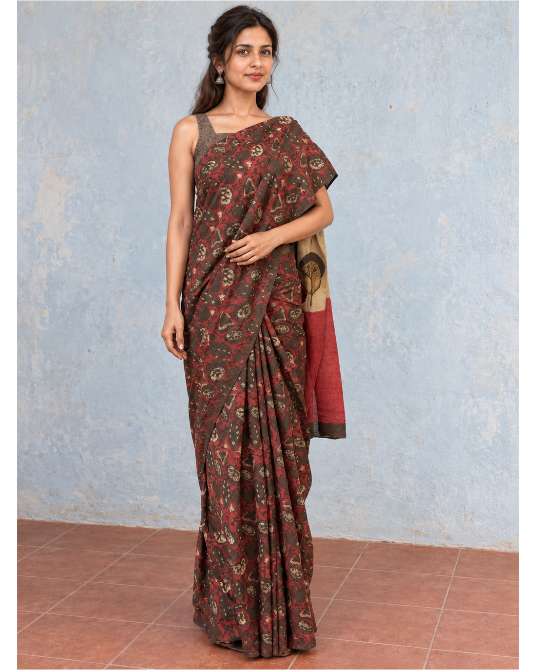 Tree-Pallu Cotton saree, selected full-length front