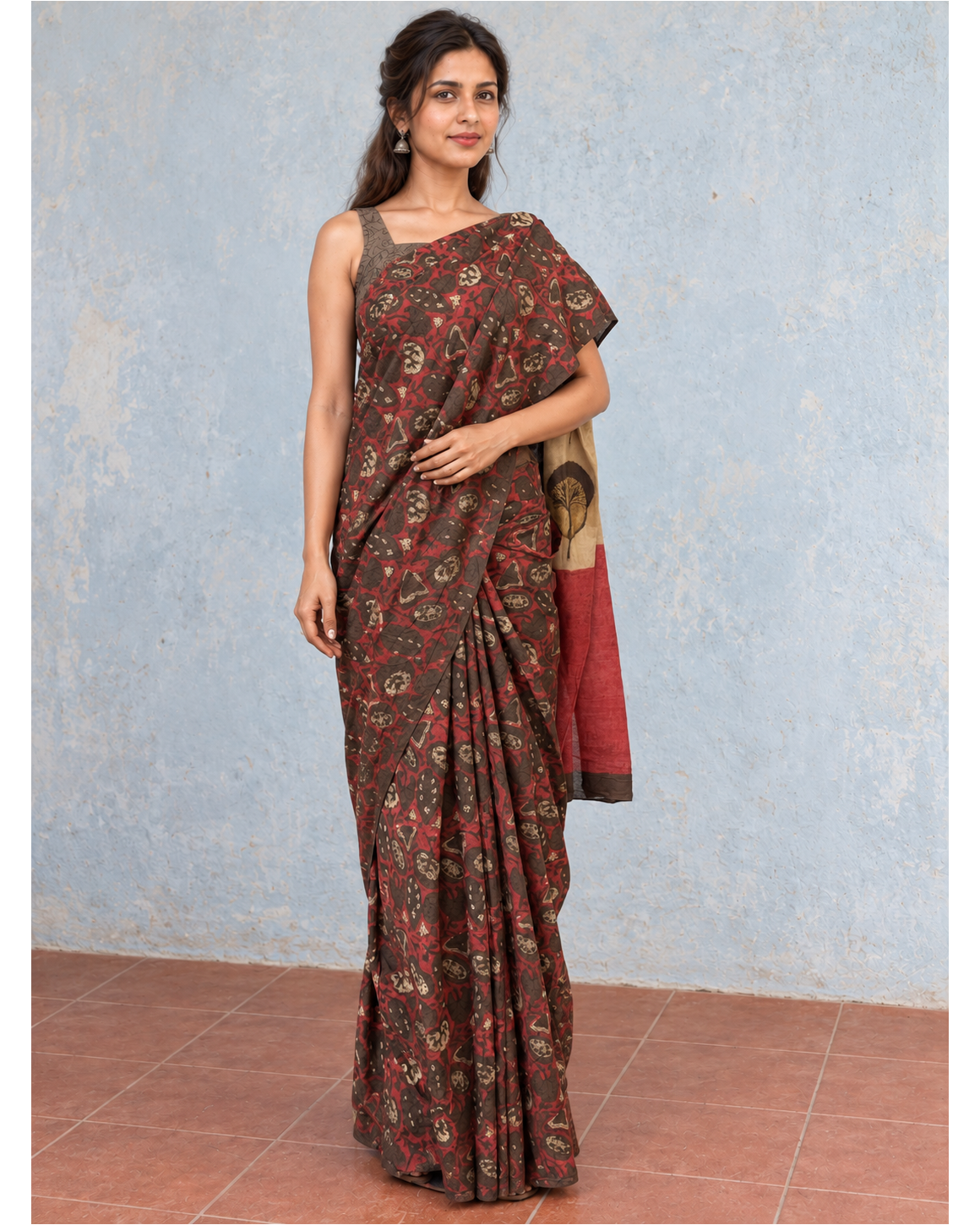 Tree-Pallu Cotton saree, selected full-length front