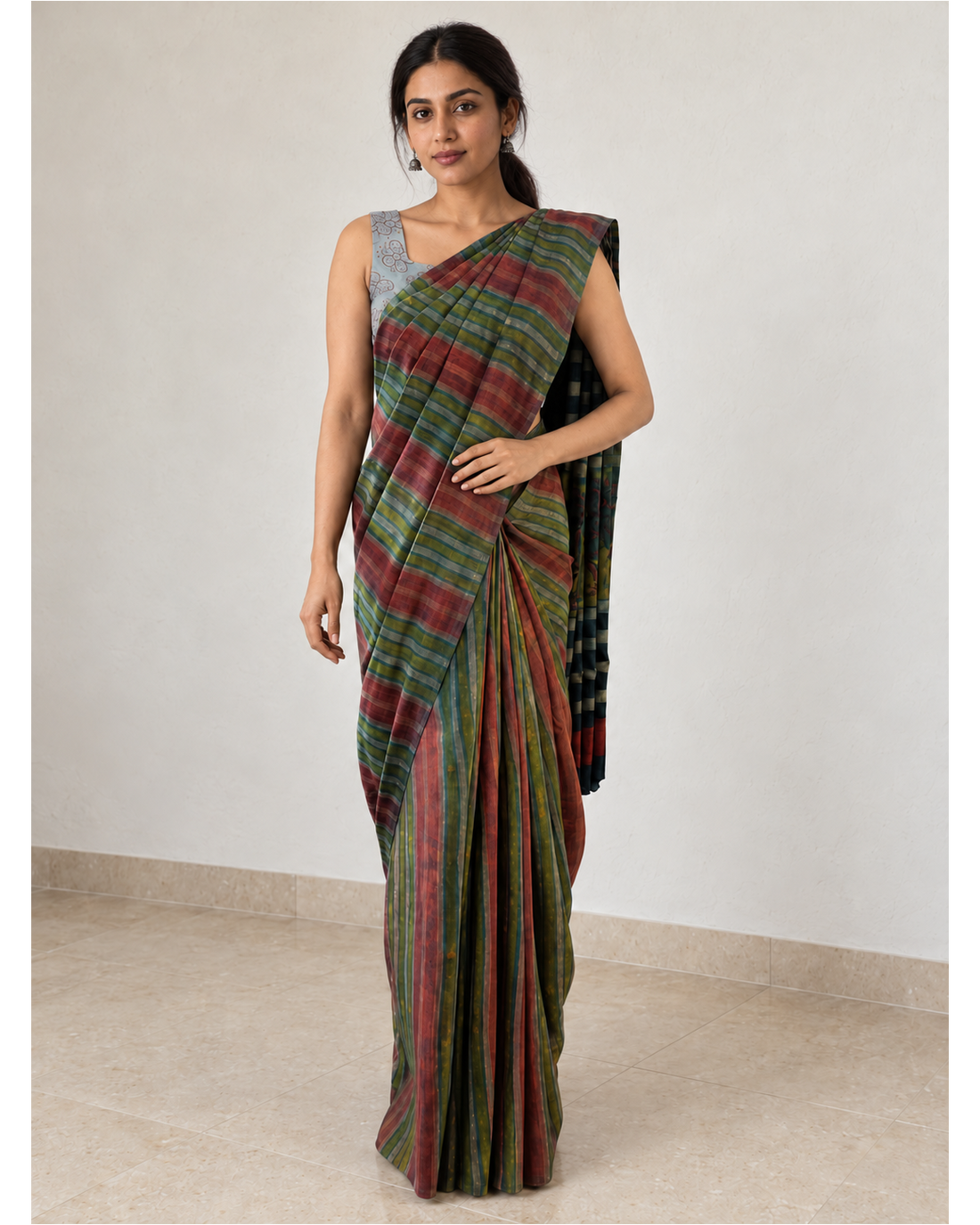 Striped Tussar–Silk Modal saree, full-length front