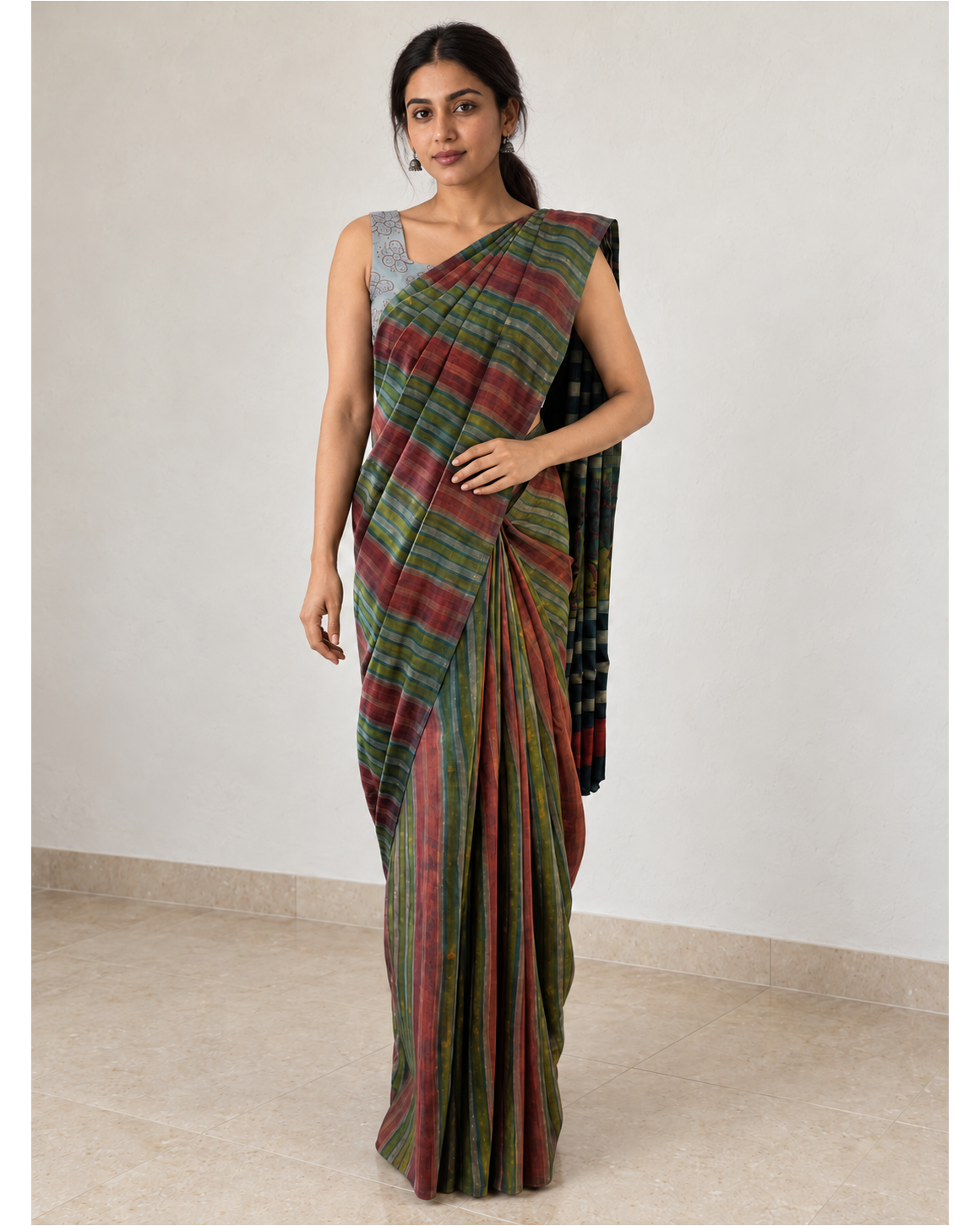 Striped Tussar–Silk Modal saree, full-length front