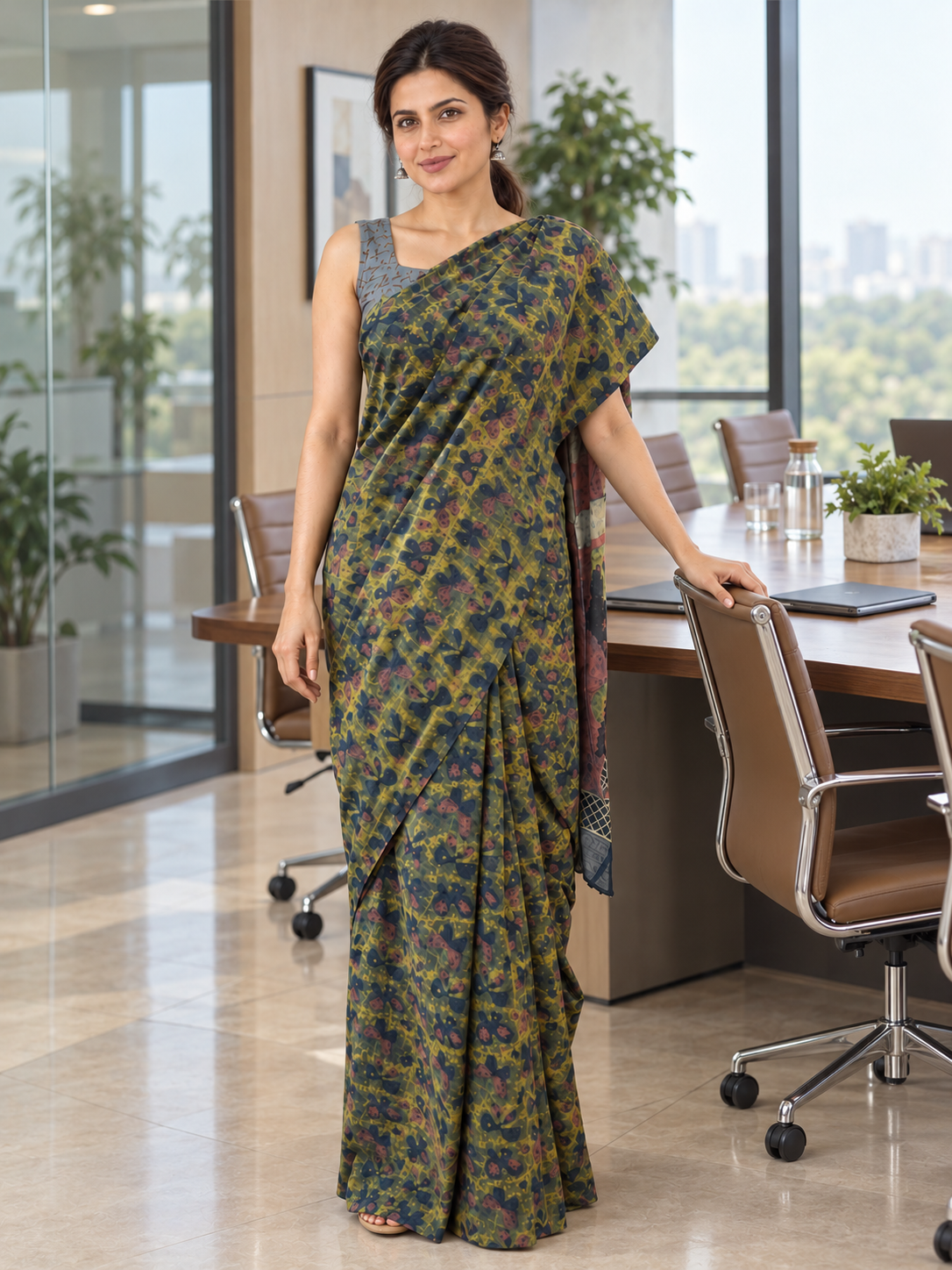 Rose-Pallu Cotton saree in an office meeting room,